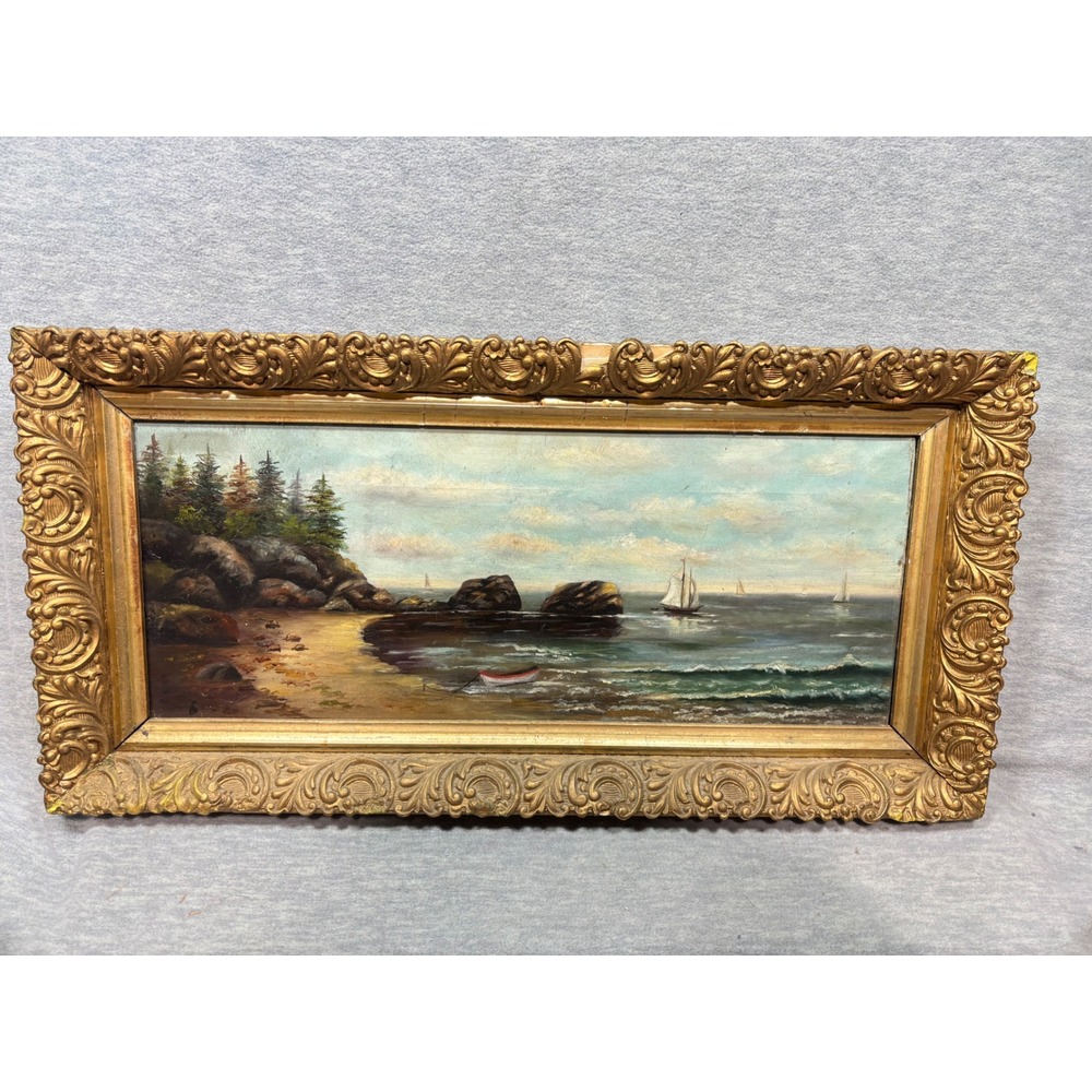 Antique Coastal Seascape Painting Ornate Gold Gesso Frame Sailboat Maritime